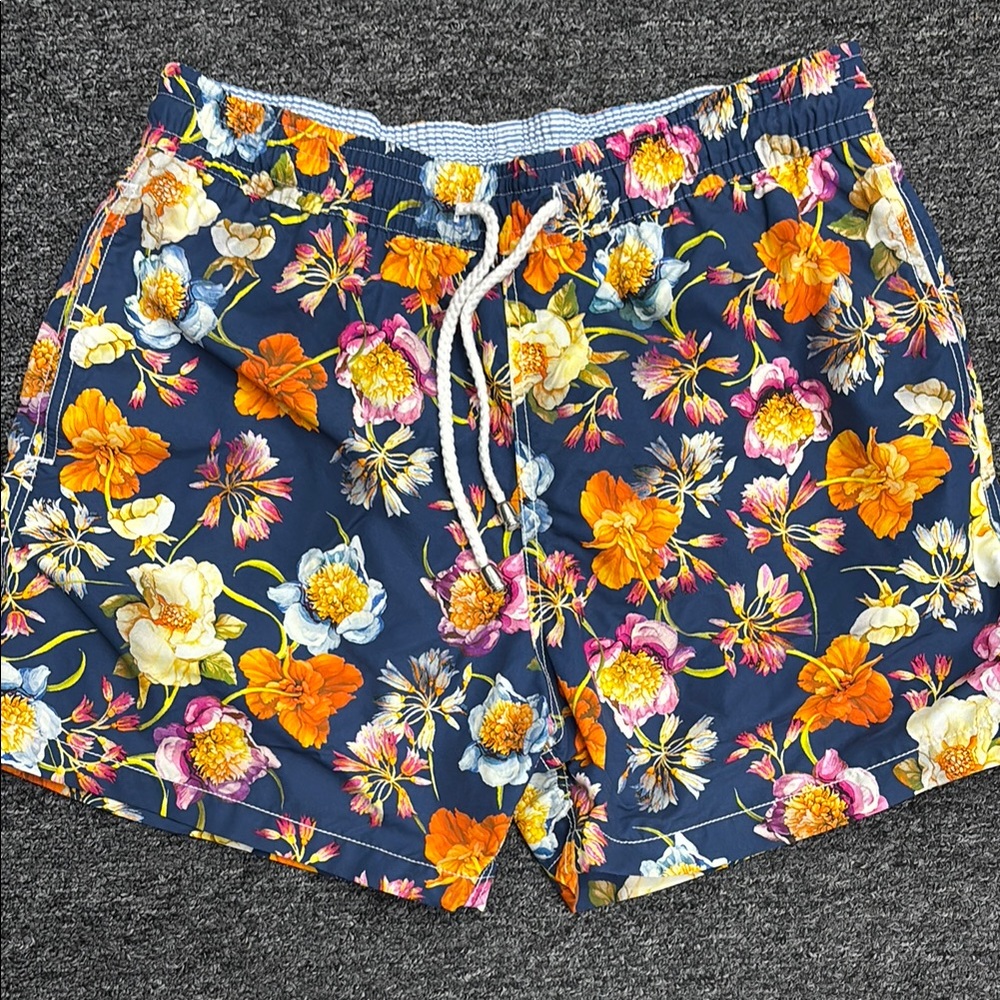 Floral Men's Swim Trunks - Navy and Orange